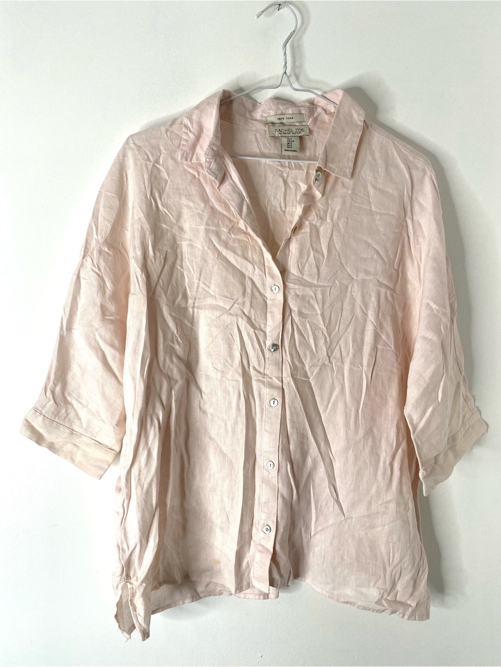 Rachel Zoe Pale Pink Oversized Linen Button Shirt Short Sleeve Collared Top